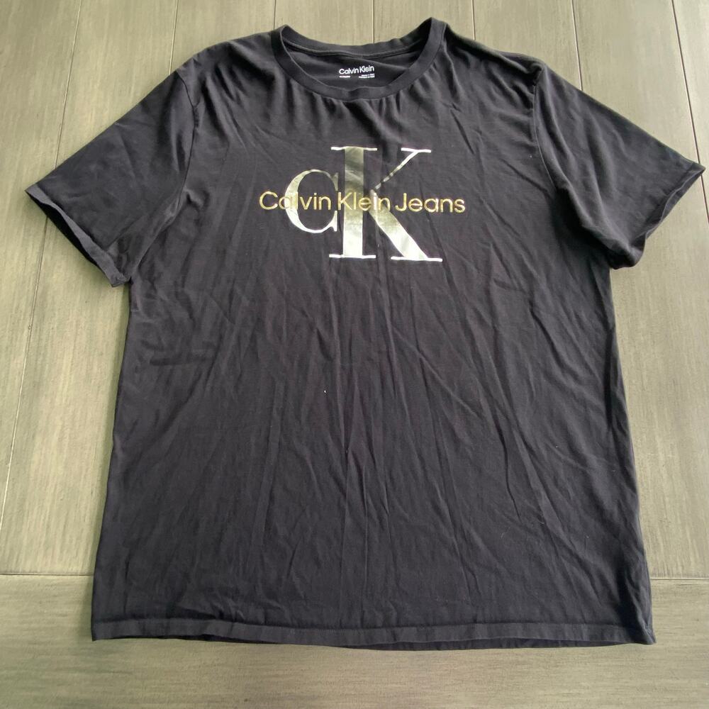 Calvin Klein Jeans T‑Shirt • XL • Black • White/Gold CK Logo • 100% Cotton